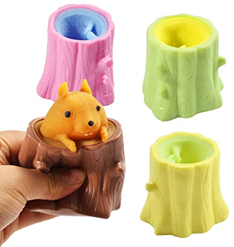 Vibbang 4 Pcs Squeeze Toys Children's Squirrel Cup Stumps Relief Sensory Stumps Fidget Toys Decompression Tree Flip Animal Stress Balls Toys for Kids Adult Play Gift (Squirrel)