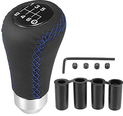 X AUTOHAUX Auto Schaltknauf 6 Gang Schwarz 1 Stück Aus PU Leder | Blaue Nähte, Metall, Universal, Adapter 8-14mm, Gewinde M5x0.8, Inkl. 3 Schrauben 4 Adapter 1 Schraubenschlüssel