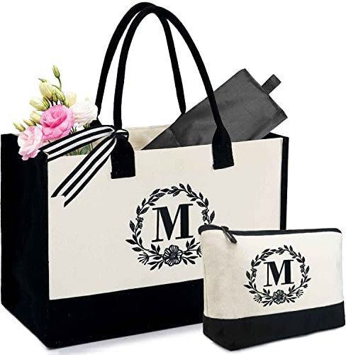 BeeGreen Initiale Canvas-Tragetasche mit Make-up-Tasche, Monogramm-Stickerei, Tragetaschen für Frauen mit Innentasche mit Reißverschluss, Brautjungfer, Buchstabe M