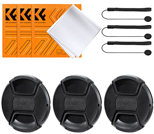 K&F Concept 3 Stück Universal-Objektivdeckel 43mm für Canon Nikon Fujifilm Olympus Pana, 3 Stück Objektivdeckel-Halteband,3 Stück Reinigungstücher aus Mikrofaser（9-in-1）