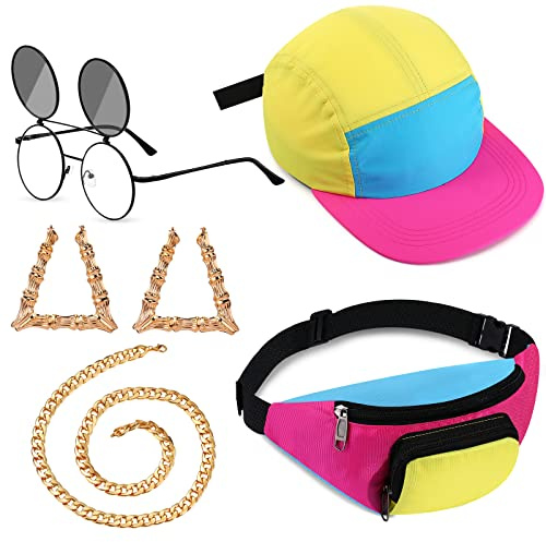 Cindeer 5 Pcs 90s Hip Hop Accessories for Women Men 80s 90s Outfit Neon Fanny Pack Hat Sunglasses Gold Chain Earrings