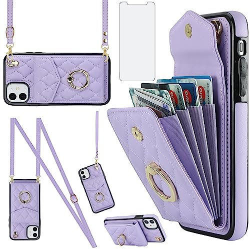 Asuwish Phone Case for iPhone 11 6.1 Wallet Cover with Tempered Glass Screen Protector and Wrist Strap Ring RFID Blocking Card Holder Cell iphone11case iPhone11 i Phone11 11s XI 11R Women Girls Purple
