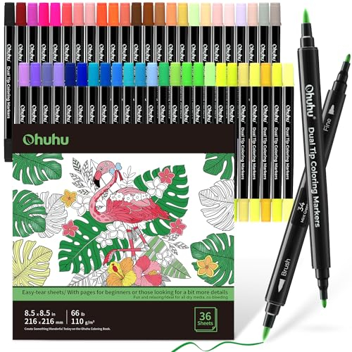 Ohuhu 48 Marker & Malbuch Set, 48 Farben Filzstift Set mit Doppelter Spitze mit 36 Motiven Malbuch, Marker auf Wasserbasis für Erwachsene Kalligraphie Zeichnung Manga