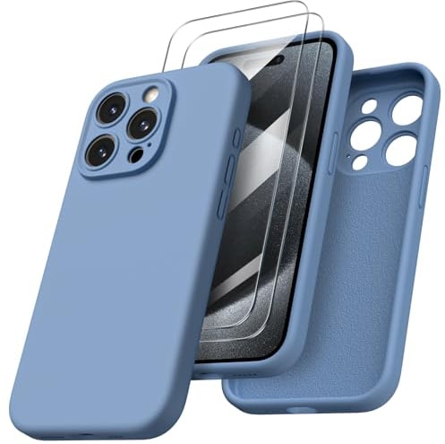 ORNARTO Compatible with iPhone 15 Pro Case 6.1 inch, with 2 Screen Protector Liquid Silicone Gel Rubber Cover [Full Body] Shockproof Protective iPhone Case for iPhone 15 Pro-French Blue