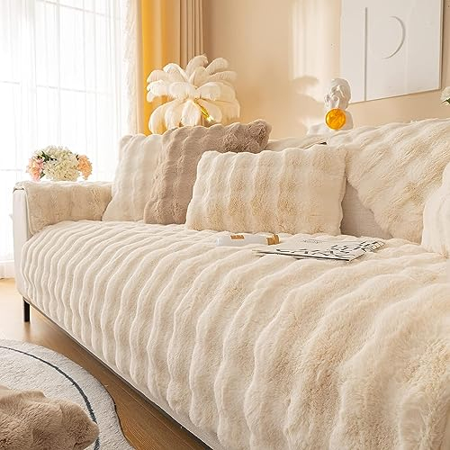 LINGKY Couch Überzug, Sofa Überzug 1/2/3/4 Sitzer L Form Sofa Cover Sofabezug Ecksofa, Universelle Sofaschoner rutschfest, Plüsch Sofa Sitzkissenbezug für Wohnzimmer (Beige,70x70cm)
