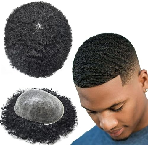 Afro Toupee for Basketball Players and Basketball Fans PU Afro Curly Hair Pieces for American African Black Men Brazilian Virgin Human Hair Afro Curl Toupee for Black Men (12mm wave)
