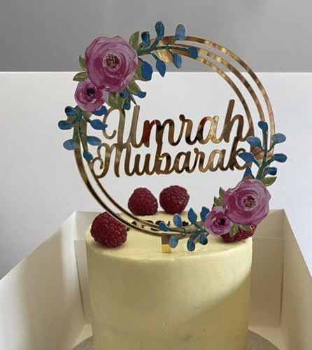Umrah Mubarak Cake Topper, Acrylic Floral Gold Umrah Cake Topper, Umrah Cake Decorations.