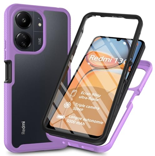RonRun Cover Xiaomi Redmi 13C/Poco C65, Antiurto 360 Gradi Full Case con Protezione per Schermo Incorporata, Trasparente Rugged TPU Bumper Doppia Protettiva Case Viola chiaro