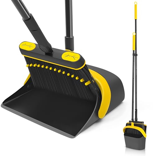 JEHONN Escoba Alta y Recogedor Plegable, Cepillo Barrer de Mango Largo, Juego de Sartenes para Interior con Giratorio de 180 Grados Cabeza para Cepillos para Barrido de Casa (Negro y Amarillo)