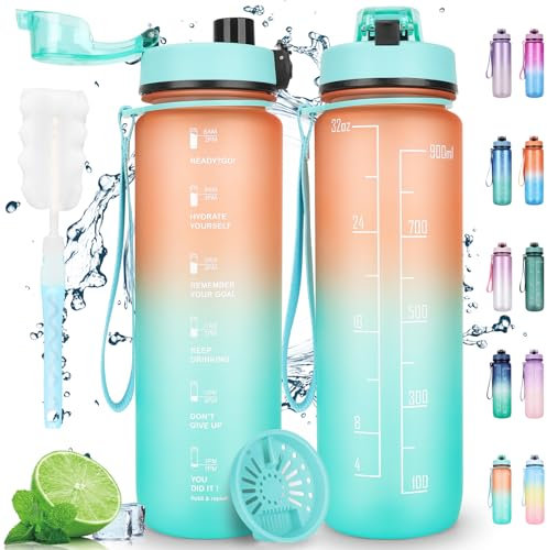 AOPREL Trinkflasche 1L - Sport Wasserflasche - Auslaufsicher Trinkflasche mit Filter Motivierende 1 Liter Trinkflasche für Familien Schulen Büros Bergsteigen Fahrrad Camping (Orange-Grüner)