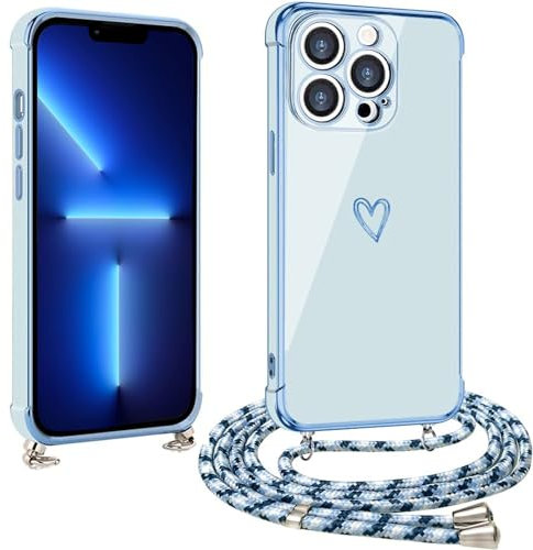 vumebao Funda para iPhone 13 Pro MAX con Cuerda, Anti-Choque Anti-Arañazos Carcasa Silicona Case con Ajustable Correa Colgante Suave TPU Silicona Compatible con iPhone 13 Pro MAX Funda-Azul
