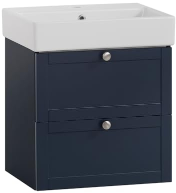 Lomadox Badezimmer Waschtisch 50cm blau Waschbeckenunterschrank mit Keramik Waschbecken