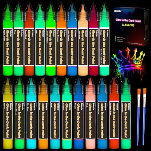 Roizefar Colores que brillan en la oscuridad, 21 × 20 ml, 3D resistente al agua, colores brillantes, colores fluorescentes, para pintura infantil, lienzo textil