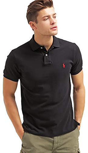 Ralph Lauren Polo en piqué, coupe slim personnalisée (texte, taille M, régulier, noir), Noir , Medium