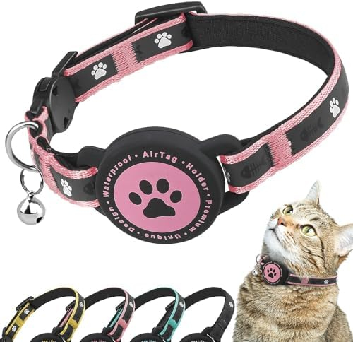 Airtag Katzenhalsband Breakaway, Reflektierendes Kätzchenhalsband mit Airtag-Halterung und Glocke, Bequeme Polsterung, Verstellbar, Langlebig, Passend für Katzen(Rose)