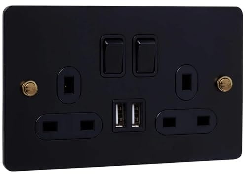 2G Matt Black Socket with Dual USB Ports and Brass Screws