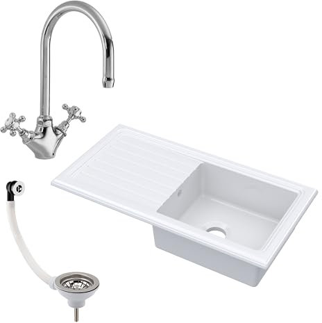 Balterley Ceramic Kitchen Sink with Drainer, Tap, Waste with Overflow, 101cm Inset Counter Top, Single Bowl Fireclay White Sink with Mono Crosshead Tap, Reversible Kitchen Sinks, (White/Chrome)