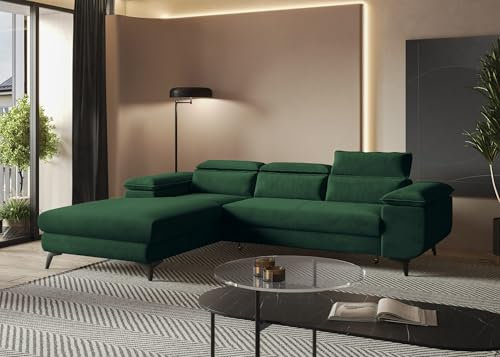 MODERNO Ecksofa mit Schlaffunktion Flat - Modern Sofa 3 Sitzen mit klappbare Kopfstützen - Schlafcouch L-Form mit Metallfüße 205x276x94 cm - Ecke Links Grün