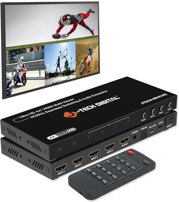 J-Tech Digital 4K HDMI Multiviewer Switch 4 in 1 Out, 4x1 4K 30Hz HDMI Quad Multiviewer Seamless Switcher with PiP, 6 Viewing Modes, Audio Extraction via Optical 3.5mm (JTECH-MV41AE)