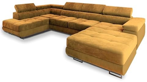 Masseno Ecksofa CASONE L-S mit Schlaffunktion U-Form, Sofa mit Bettkasten, Wohnzimmersofa, Couch, Soffa, Bettsofa, Couchgarnitur- Gelb, Monolith 48