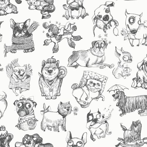 Pooches Black and White Wallpaper - Cute Dogs Animal Print Trendy - Contemporary Stylish Feature Wall