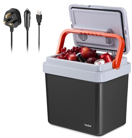 VonShef 24L Electric Cool Box, Large Insulated Cooler Box with Hot & Cold Functions & Three Power Options (3-Pin 240v Wall Plug, USB-A & 12v Car Plug), Festival Camping Accessories with Removable Lid