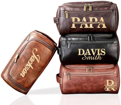 Udiyfun Personalisierte Vatertagsgeschenk für Papa, Leder-Kulturbeutel für Herren mit Eingravierter Name, Reise-Kulturtasche Kosmetiktasche Waschtasche für Opa Papa Ehemann, Weihnachten Geschenk