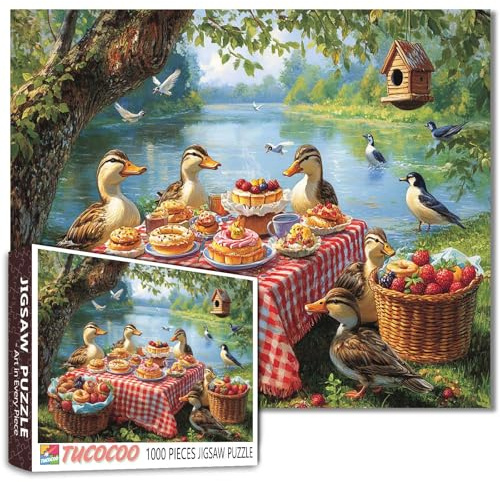 Puzzle 1000 Teile für Erwachsene, fröhliche Enten, Picknick-Party, Puzzle, herausforderndes Puzzle, perfekt für Spielabende, DIY-Wanddekoration, Kunst-Puzzles, bezaubernde Stockenten
