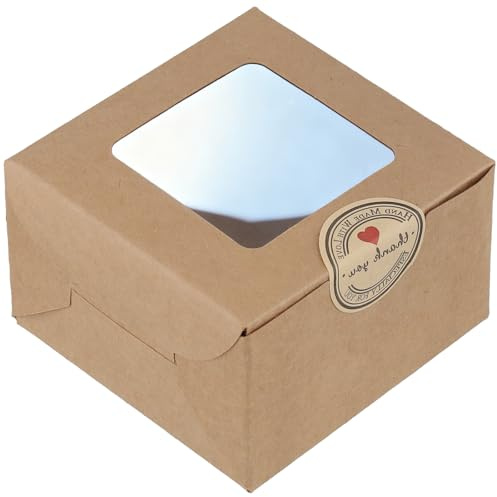 UNGFEI 50 Stück Kraftpapier-Kuchenboxen mit klarem Fenster & Aufklebern – Bäckerei-Verpackung für Cupcakes, Desserts, Kekse, Kuchen, 10 x 10 x 6,4 cm