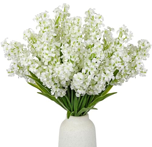 Oairse 5Pcs Small Artificial Flowers, White Silk Flowers with Stems Faux Hyacinth Flower for Centerpiece Spring Floral Stems for Vases Fillers Farmhouse Fake Wildflowers for Home Kitchen Table Decor