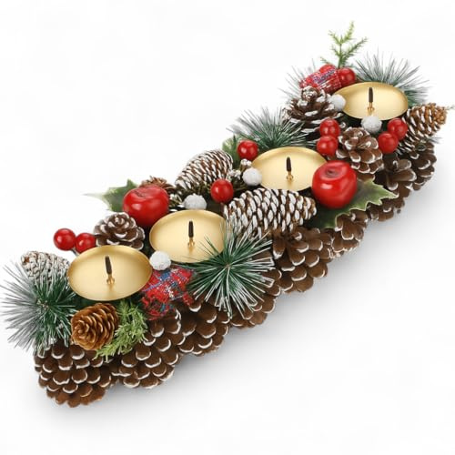 MIJOMA Adventskranz mit Kerzenhalter – Weihnachtskranz aus Tannenzapfen & Deko für Festliche Tischdeko (Oval 40 × 15 cm)