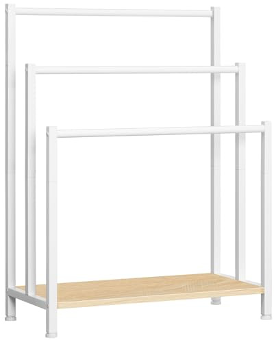 HOOBRO Porte-Serviettes sur Pied, Support pour Serviettes avec 3 Barres pour Salle de Bain, Style Industriel, pour linges de Bain, vêtements, Tapis, Journaux, Blanc et Couleur Bois EWN06LB01