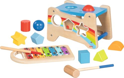 goki 58304 - Hammerbank mit Xylophon und Sortierfunktion, 12-teiliges Motorikspielzeug aus Holz mit herausnehmbaren Klangspiel - 3-in-1 Klopfbank, Sortierbox, Xylophon