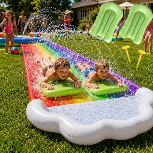 15.75ft/480cm Wasserrutsche und 2 Bodyboards | Garten-Wasserrutsche Sommer-Rutsch-Wasserrutschen Wasserspielzeug mit eingebautem Sprinkler für Outdoor-Wasserspaß für Kinder (Regenbogen)
