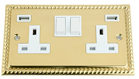 A5 Products USB Socket 2 Gang - Polished Brass Georgian White Insert Plastic Rocker Switch (3100mA).