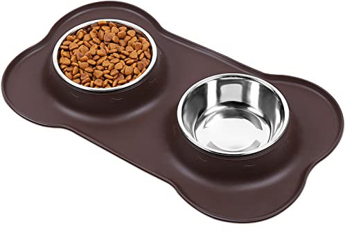 VIVAGLORY Bols pour Chiens, Bols pour Nourriture de Chiens, Bols en Acier Inoxydable pour Chats et Chiots avec Tapis en Silicone Antidérapant et Anti-déversement, Moyen, Chocolat