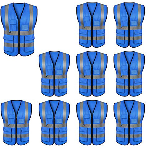 GOGO Warnweste Uniform Weste mit Reißverschluss Vorne mit Reflexstreifen Multi Pocket 10 Stück Blau XL