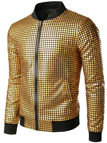 JOGAL Herren Metallic Pailletten Baseball Bomberjacke 70er Disco Party Kostüm Medium Gold