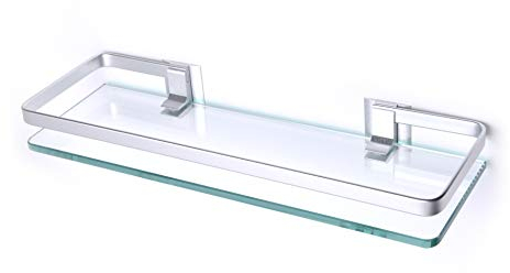 BSM Marketing Estante Rectangular de Vidrio Templado de 8 mm, 380 mm x 120 mm (38 x 120 mm Aproximadamente) con riel de Aluminio y Soportes de Pared para baño, Dormitorio, Cocina y Oficina