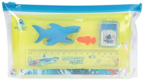 Depesche 7838 Dino World - Schreib-Set im Underwater Design, 6 teiliges Set mit Bleistift, Radiergummis, Lineal und Anspitzer im Täschchen, ca. 22,9 x 12,8 x 2,6 cm groß