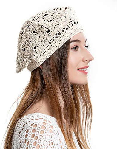 ZLYC Women Cotton Slouchy Crochet Beret Handmade Cutout Floral Beanie Hat (Plain Beige)