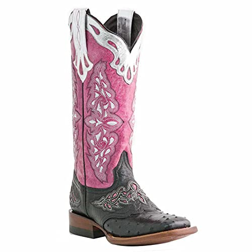 BBOOY Stivali Western da Donna, Stivali da Equitazione Vintage con Tacco Grosso Cowgirl Cowboy a metà Polpaccio con Punta Quadrata in Pelle Ricamata,Rosa,39
