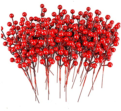 Ashuxxn 20 Corde Bacche di Agrifoglio Natale Mini Bacche Artificiali Rosse Falso Bacche Artificiali Rosse Ramo di Bacche di Natale Artificiali Rossi per Decorazioni per matrimoni, casa e Natale 17cm