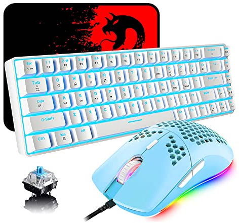 Clavier Mécanique et Souris Filaire Gamer, 68 Touches Switch Bleu 60% Backlit Bleu Glacier Keyboard Blanc, Mouse Vert Programmable Légère en Nid d'abeille 6400DPI, Compatible avec Windows Mac PS4
