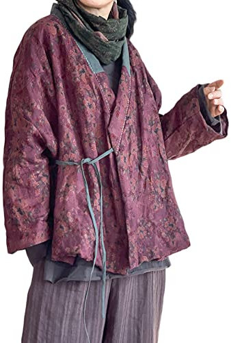 NFYM Donne Cotone Imbottito Breve Giacca Kimono Cardigan Avvolgere Anteriore Cinese Hanfu Stile Stampato Patchwork Allentato Outwear, Viola, taglia unica
