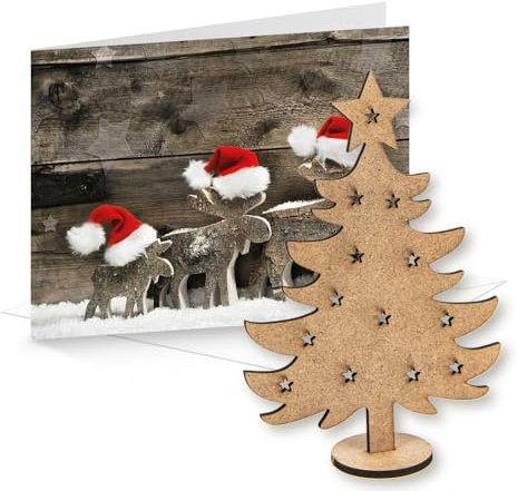 Logbuch-Verlag 3 Weihnachtskarten DIN A6 inkl. Kuverts + Weihnachtsbaum Miniatur aus Holz - Geschenkidee Weihnachtspost Kunden Kollegen