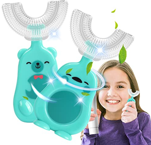 2 Cepillo de Dientes Infantil, Cepillo de Dientes en Forma de U para Niños con Cabezal de Silicona Suave, Cepillo de Dientes Bebe Manual de Limpieza Oral de 360 °, 2-6 Años