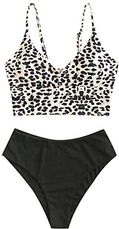 ZAFUL Gerippt Fest Chorhemd Hohes Bein Schnitt Hohe Taille Tankini Set Gepolstert Zwei Stücke Badeanzug Bademode für Damen (Leopard,L)