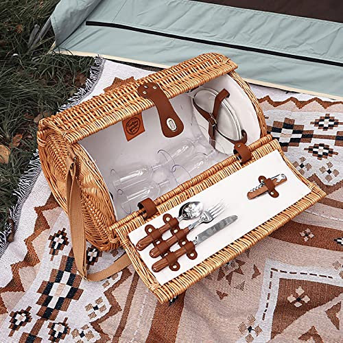 Picknickkorb-Set für 4 Personen, Weidenzylinderkorb mit Deckel, Outdoor-Picknick-Camping, tragbarer Picknickkorb, natürlicher Picknickkorb aus Weidengeflecht mit Geschirr-Set, Pic