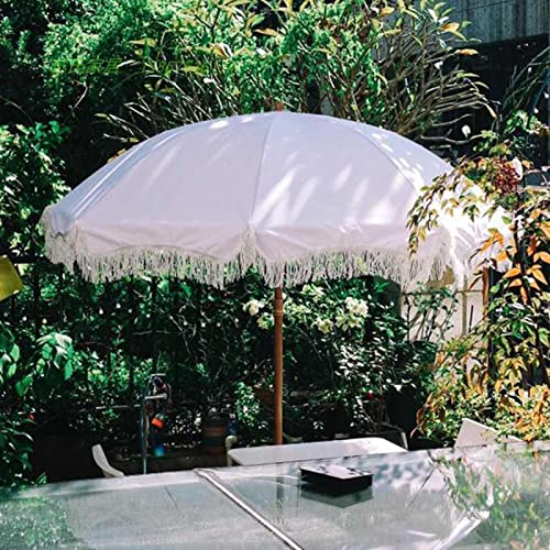 Bana Outdoor Parasol, Outdoor Garden White Tassel Lace Casual Sunscreen Patio Umbrella, 2m/6.6ft, Can Tilt 45°